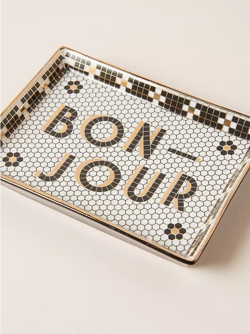 Anthropologie Bistro Tile Bonjour Stoneware Tray w/24k Gold Accent